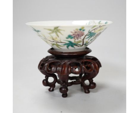 A Chinese famille rose conical bowl, Xuande mark but Republic period, wood stand 10cm diameter Provenance - the vendor lived 
