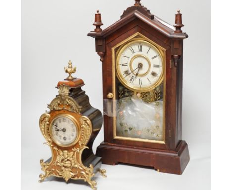 An early 20th century German walnut and gilt metal mantel clock and an American shelf clock, tallest 49cm