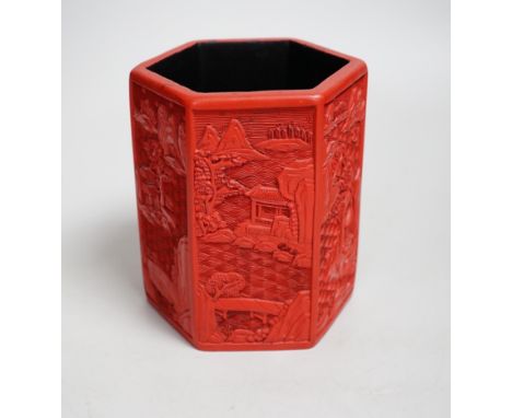 A Chinese cinnabar lacquer hexagonal brushpot, 14.5cm high Provenance - the vendor lived in Hong Kong in the 1990s and bought