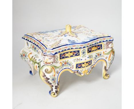 Ten items of French faience pottery, Mosanic commode shaped box, 23cm wide x 15cm high x 17cm deep