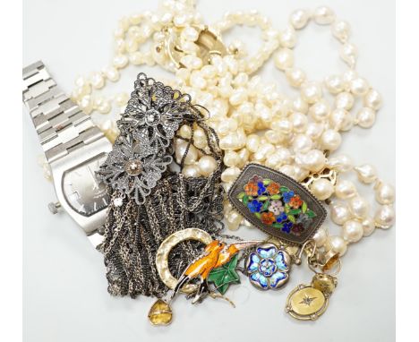 A group of assorted costume jewellery including two baroque pearl necklaces and a pair of Victorian diamond set drop earrings