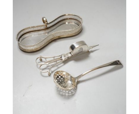 A pair of George III silver snuffers, maker William Bateman, London 1813, a George II sifter ladle and a snuffer's stand with