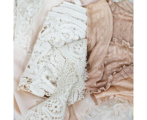 Two Edwardian pink silk and lace inserted camisole tops, a fine 1920’s blouse, a chemise and a pink silk knitted scarf, a bob