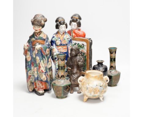 A collection of Japanese figures and three cloisonné enamel vases etc (7) including a Kutani group of two bijin by a table sc
