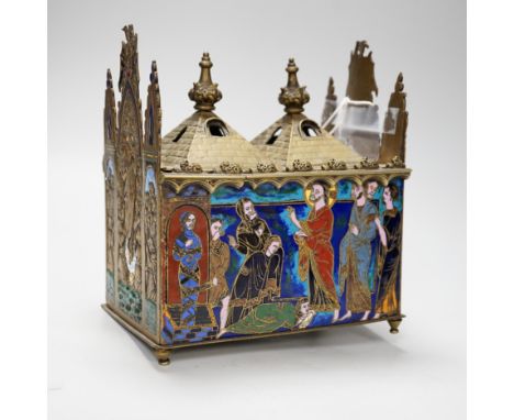 A late 19th century replica of a medieval brass and champleve enamel reliquary casket, 21.5cm high x 19cm wide