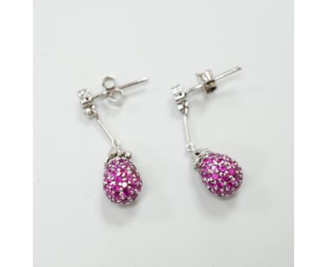 A pair of 18ct white gold ruby and diamond set drop earrings, 2.7cm, gross 5.5 grams