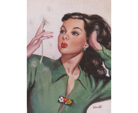 GLANVILLE (XX) A framed and glazed acrylic on paper of a war time glamour girl in green blouse. Signed bottom right. 44cm x 3