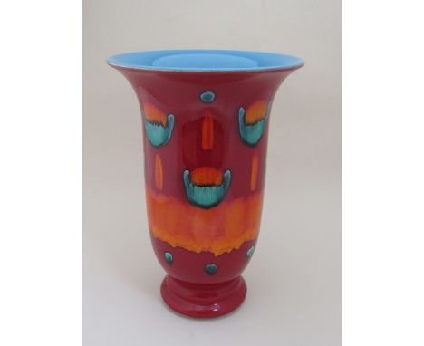 A large Poole Pottery volcano range vase, red/orange tones, blue interior, by Wendy Tiller, 44cm high 