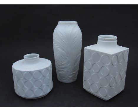 Two late 1960's Winterling matte white vases with the raised and indented applied button or polka dot Pop Art relief 5" and 7