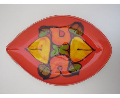 A Poole Delphis tear form dish in orange, yellow and green by Ros Sommerfelt, 30.5cm long x 20cm 