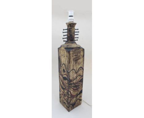 A studio pottery floor lamp base with painted swirling lines and dots, painted "Nicholas 75" to base, 67.5cm high
