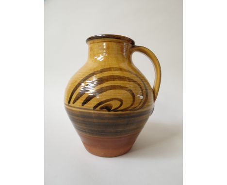 DAVID LEACH (1911-2005): A Studio pottery large single handled vase with painted detail over ochre glazed top half.  Large im