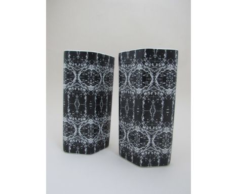 A pair of West German Eschenbach ceramic vases with black and white glazed decoration, 24.5cm high 
