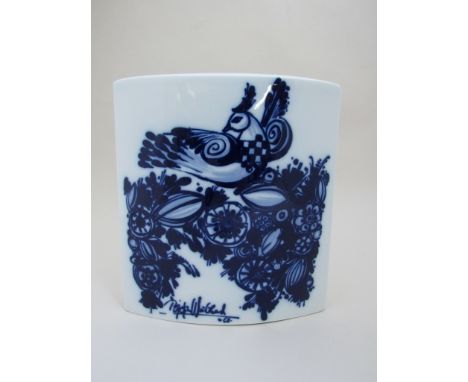 A Rosenthal Studio Linie ceramic vase, Bjorn Wiinblad bird and foliate design in blue over white glaze, 28cm high 
