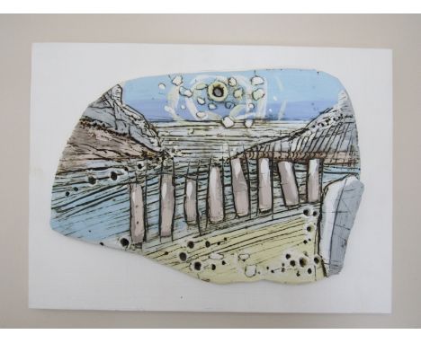 A ceramic plaque mounted onto board 'The Groines, Sandsend nr Whitby'. Pencil signed and dated 27/7/09. 23.5cm x 32cm