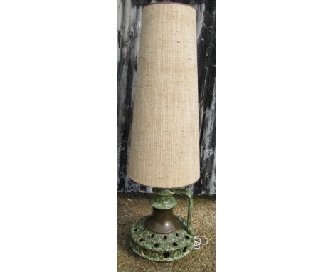A West German pottery floor lamp in green and  brown with original shade 