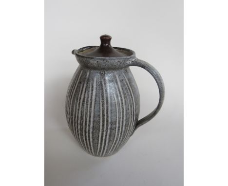 MICHAEL LEACH (1913-1985) A Yelland Studio pottery lidded coffee pot with vertical line detail 19.5cm "Y" Seal  