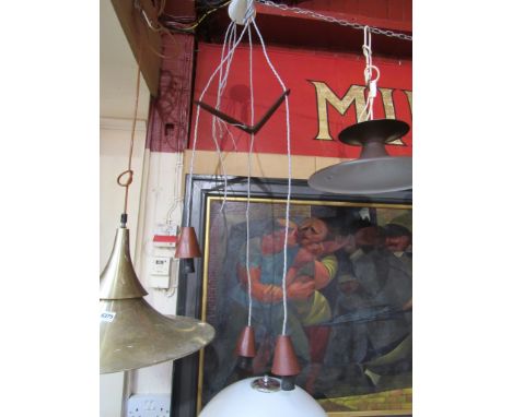 A Danish teak ceiling light with three hanging spots 