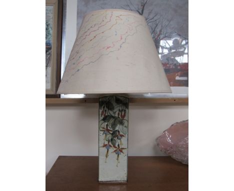 COLIN KELLAM (b1942) - A studio pottery lamp, painted fuschia design, with shade, 65cm tall