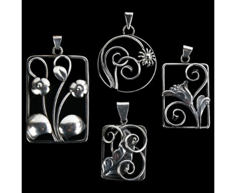 4 Art Nouveau Danish silver floral openwork pendants, largest height 57.8mm, 27.1g total (4)No damage or repairs, only light 