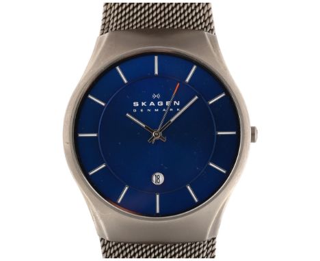 SKAGEN - a titanium quartz bracelet watch, ref. 956XLTTN, blue dial with white baton hour markers, sweep centre seconds hand 