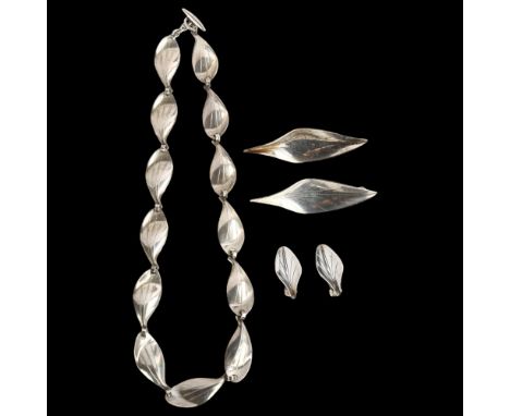 HERMANN SIERSBOL - a Danish modernist sterling silver leaf demi-parure, comprising line necklace, pair of clip-on earrings, a