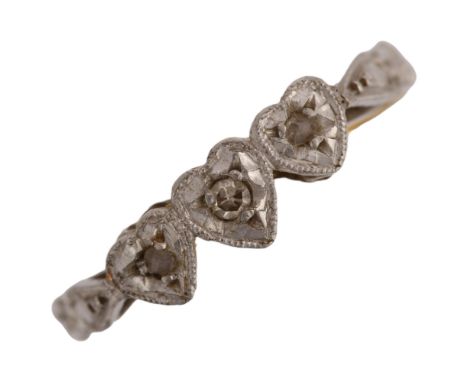 A mid-20th century 18ct gold diamond triple heart ring, set with single-cut diamonds, hallmarks London 1966, setting height 4