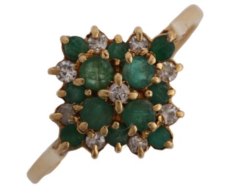 A 9ct gold emerald and diamond cluster ring, setting height 13.6mm, size T, 2.6gNo damage or repairs, all stones present, hal