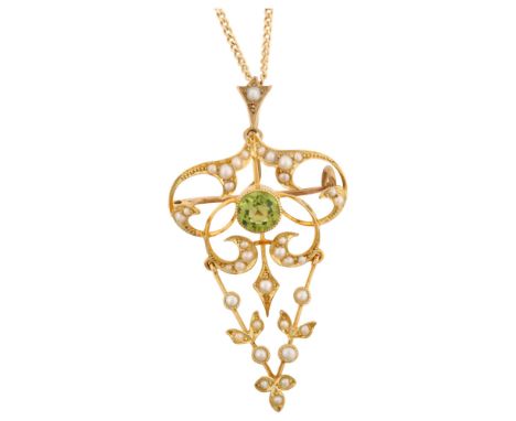 An Edwardian peridot and pearl openwork pendant necklace/brooch, with V-shaped drop and 9ct fine flat curb link chain, 48.5mm