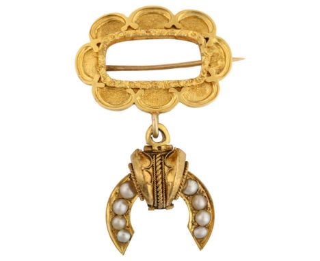 A Victorian Etruscan style split pearl memorial drop brooch, with a central vacant panel within floral lobed surround suspend