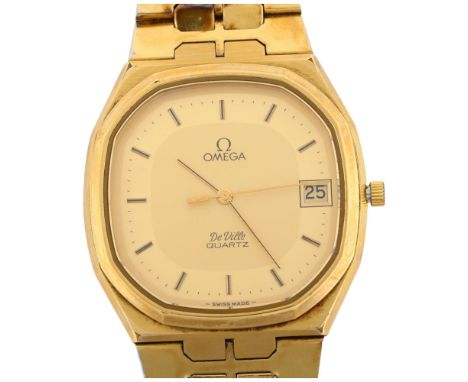 OMEGA - a gold plated stainless steel De Ville quartz bracelet watch, ref. 1332, champagne dial with gilt baton hour markers,
