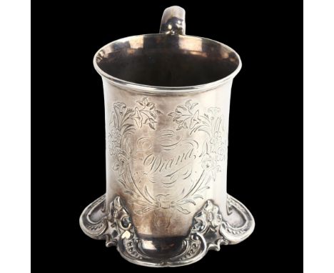 A Victorian silver half pint mug, with foliate splayed base and engraved floral cartouche, by Henry Wilkinson & Co, hallmarks