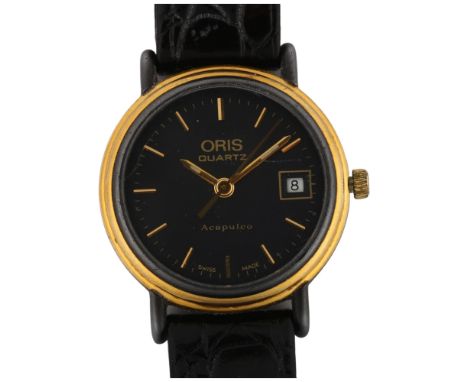 ORIS - a gold plated stainless steel Acapulco quartz wristwatch, ref. 7113, black dial with gilt baton hour markers, sweep ce