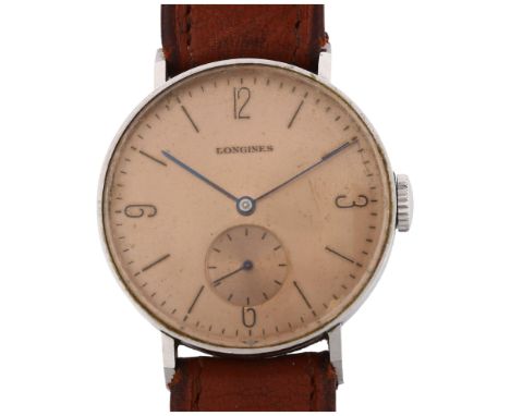 LONGINES - a stainless steel Calatrava mechanical wristwatch, circa 1942, bronzed dial with quarterly Arabic numerals, slimli