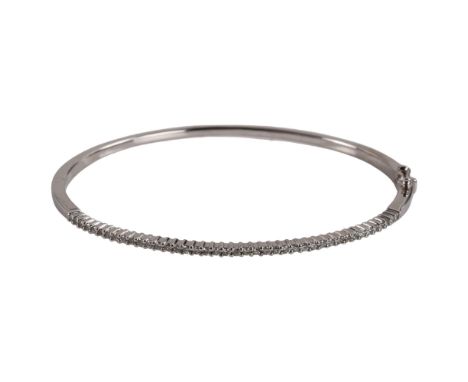 A modern 9ct white gold diamond hinged bangle, set with modern round brilliant-cut diamonds, band width 1.9mm, wrist size 18c