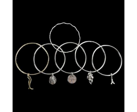 6 modern silver charm bangles, internal circumference 18cm, 73.3g total (6)No damage or repairs, only light surface wear 