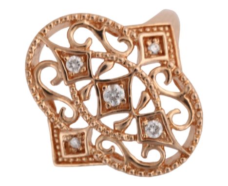 An American 9ct rose gold diamond openwork ring, set with modern round brilliant-cut diamonds, setting height 18.1mm, size J,