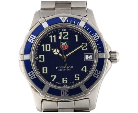 TAG HEUER - a stainless steel 2000 Series Professional quartz bracelet watch, ref. WM1113, blue dial with luminous Arabic num