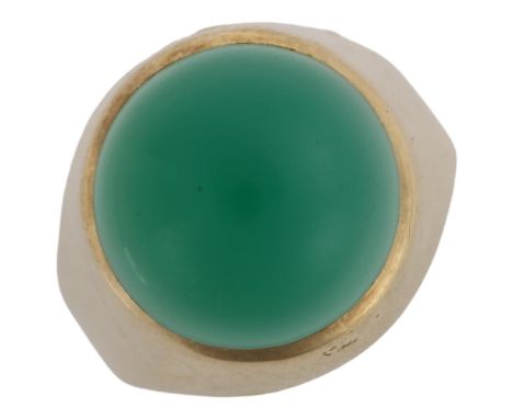 A French 14ct gold chrysoprase signet ring, set with round cabochon chrysoprase, setting height 15.5mm, size M, 4.9gNo damage