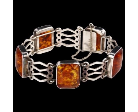 EINER FEHRN - a Danish silver and Baltic amber panel bracelet, band width 19.8mm, internal circumference 18cm, 24.8gNo damage