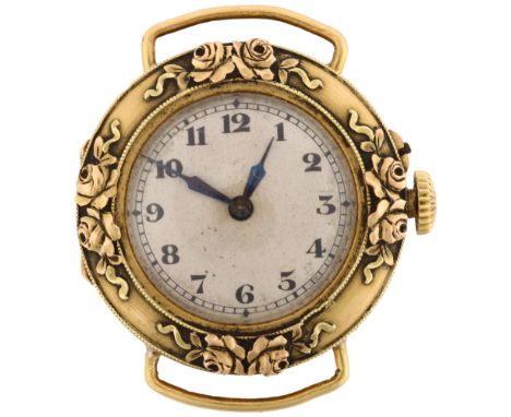 An Art Nouveau French 18k gold mechanical wristwatch head, by Schlussel G, silvered dial with Arabic numerals, blued steel ha