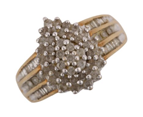 A 9ct gold diamond pear cluster ring, set with modern round brilliant and baguette-cut diamonds, total diamond content approx