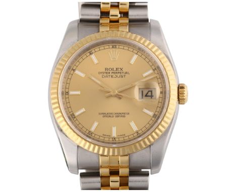 ROLEX - a bi-metal Datejust automatic bracelet watch, ref. 116233, circa 2006/2007, champagne dial with luminous baton hour m