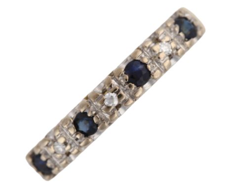 A late 20th century 18ct gold sapphire and diamond half eternity ring, hallmarks Birmingham 1975, setting height 3mm, size M,