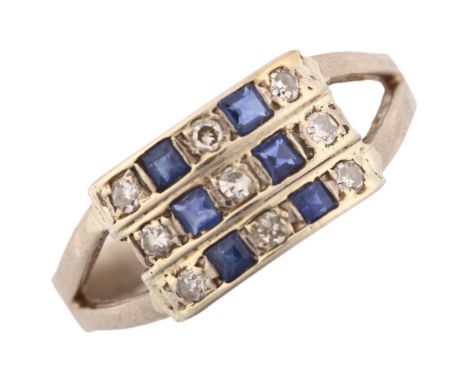 A triple-row sapphire and diamond dress ring, unmarked white gold settings with square-cut sapphire and single-cut diamonds, 