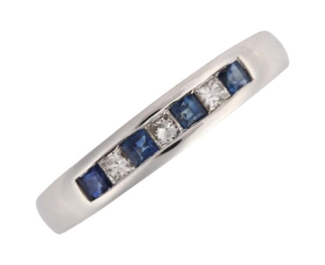 A modern 9ct white gold sapphire and diamond quarter eternity ring, set with square-cut sapphires and Princess-cut diamonds, 