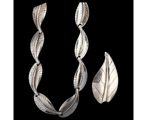HERMANN SIERSBOL - a Danish modernist sterling silver leaf matching necklace and brooch set, necklace length 35cm, brooch len