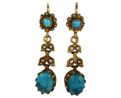 A pair of turquoise and pearl drop earrings, unmarked yellow metal settings with cannetille decoration, and oval cabochon tur