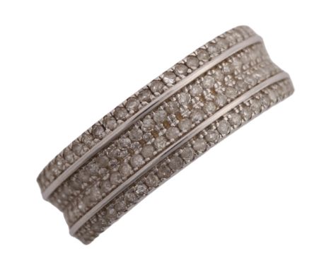 A modern 9ct white gold diamond half eternity ring, set with single-cut diamonds, band width 6.6mm, size N, 2.3gNo damage or 