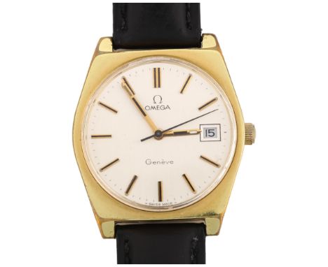OMEGA - a gold plated stainless steel Geneve mechanical wristwatch, ref. 136.0049, circa 1972, silvered dial with gilt baton 